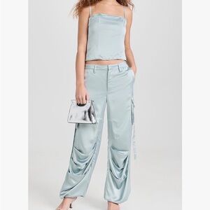 Elegant Light Blue Satin Women's Top/ pant set